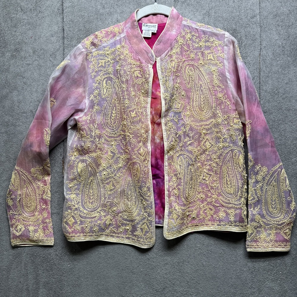 Vintage Florissant NY Silk Cardigan Small Tie Dye Embroidered Boho Festival